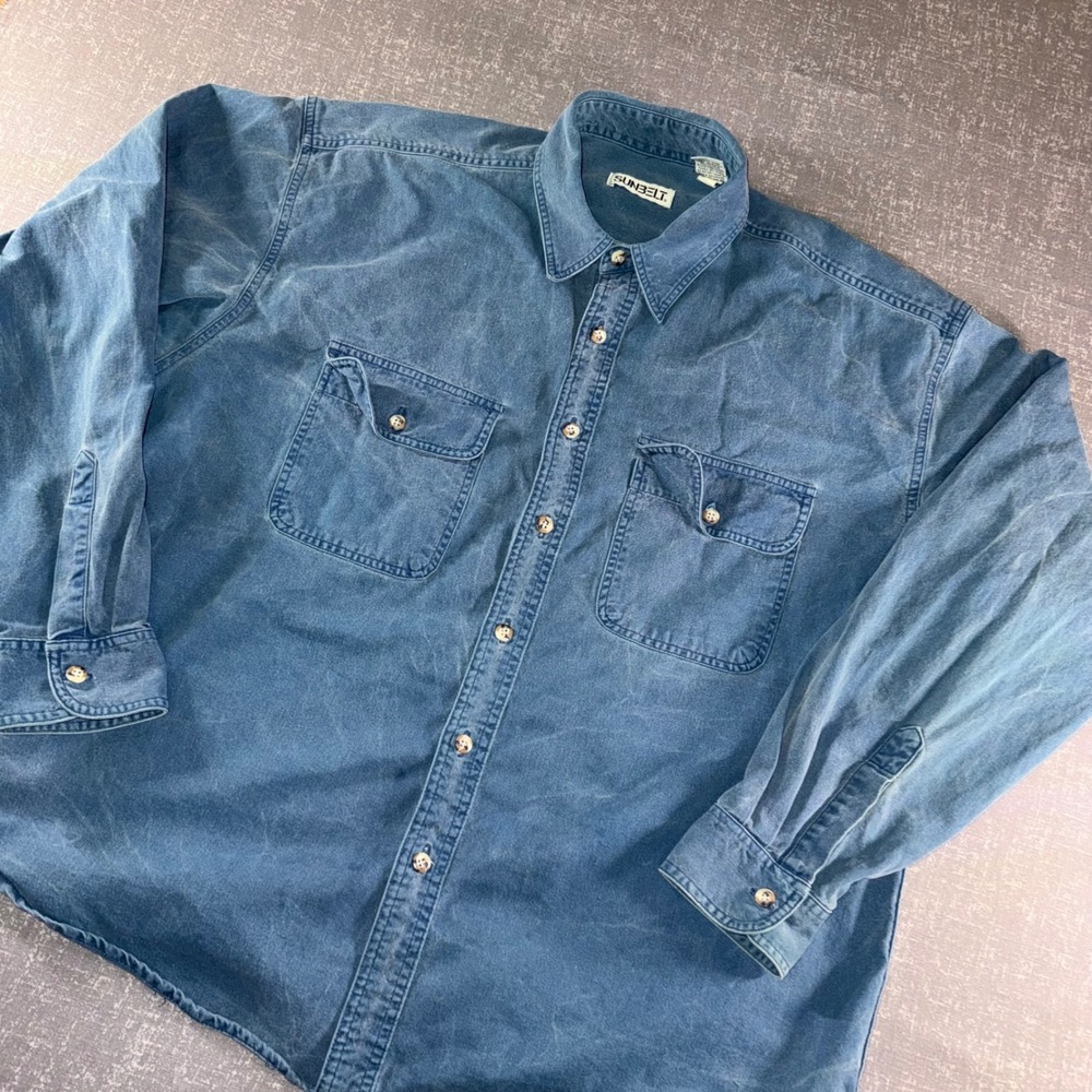 Vintage Sunbelt Chambray Work Shirt XL Blue Button Up Utility Grunge 90s